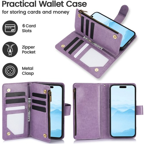 Magnetic Leather Zipper Wallet Flip Cover For iPhone 16 Pro Max 15 14 13 12 Case - Picture 5 of 61