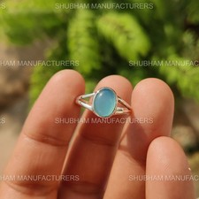 Natural Aqua Chalcedony Handmade Gemstone Ring Sterling 925 Silver Oval For Her