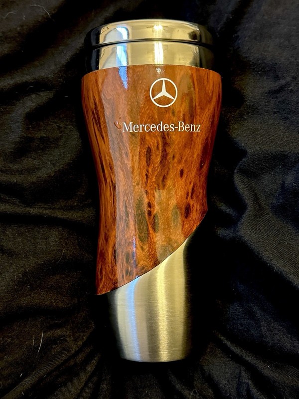 MERCEDES-BENZ TRAVEL COFFEE WATER MUG FAUX WOOD GRAIN NICE CONDITION