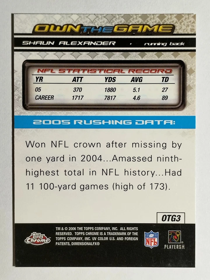 2006 Topps Chrome Own The Game #OTG3 Shaun Alexander (NM) - Image 2 of 2