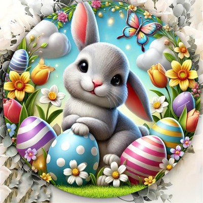 Easter Bunny & Colorful Eggs Tin Metal Signs Home Décor 8x8 Inch Round UV/Scratc