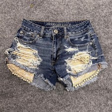 American Eagle Shorts Womens Size 00 Blue Distressed Crochet Lace Cotton Denim