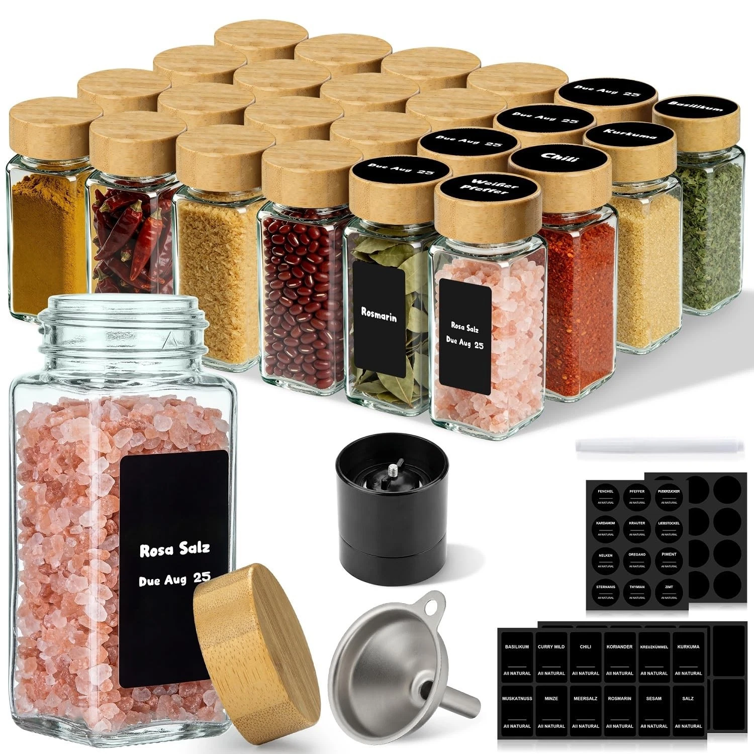 24 Pack Square Glass Spice Jars with Bamboo Lids, 4oz Spice Containers with S...