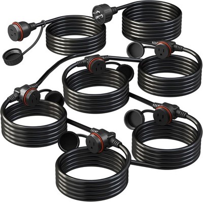 50FT Black Outdoor Extension Cord, Evenly Spaced 6 Outlets Plugs with Waterpr...