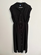 Old Navy Waist Defined Utility Midi Shirt Dress Small Black Slits Pockets