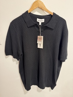 #1240   Threadbare Miles Textured Knit Polo Men s L Black Recycled Yarns NWT