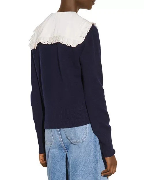 Sandro Paris Sivane Pilgrim Lace Collar Navy Wool Sweater Size S 100% Wool - Image 2 of 4