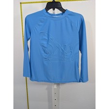 Youth Medium Blue Long Sleeve Shark Rash Guard Swim Shirt 3D Embossed Graphic