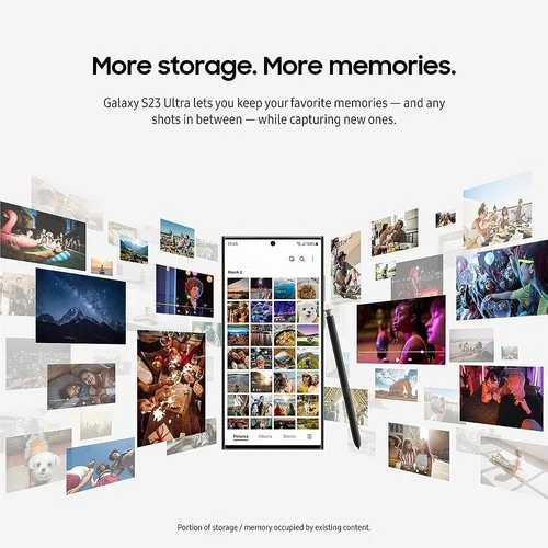 Samsung Galaxy S23 Ultra 5G SM-S918U ad showing phone with large storage capacity and photo gallery on screen.