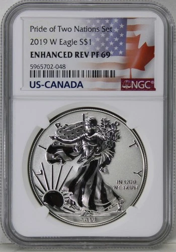 2019 W Pride of Two Nations Enhanced Reverse PF69 American Silver Eagle