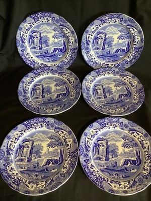 Spode Blue Italienisch Set von sechs (6) kleinen Esstellern 9'' blaue ovale Markierung