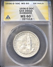 1936-D SAN DIEGO COMMEMORATIVE SILVER HALF DOLLAR  *ANACS MS 60 DETAILS*  (7912)