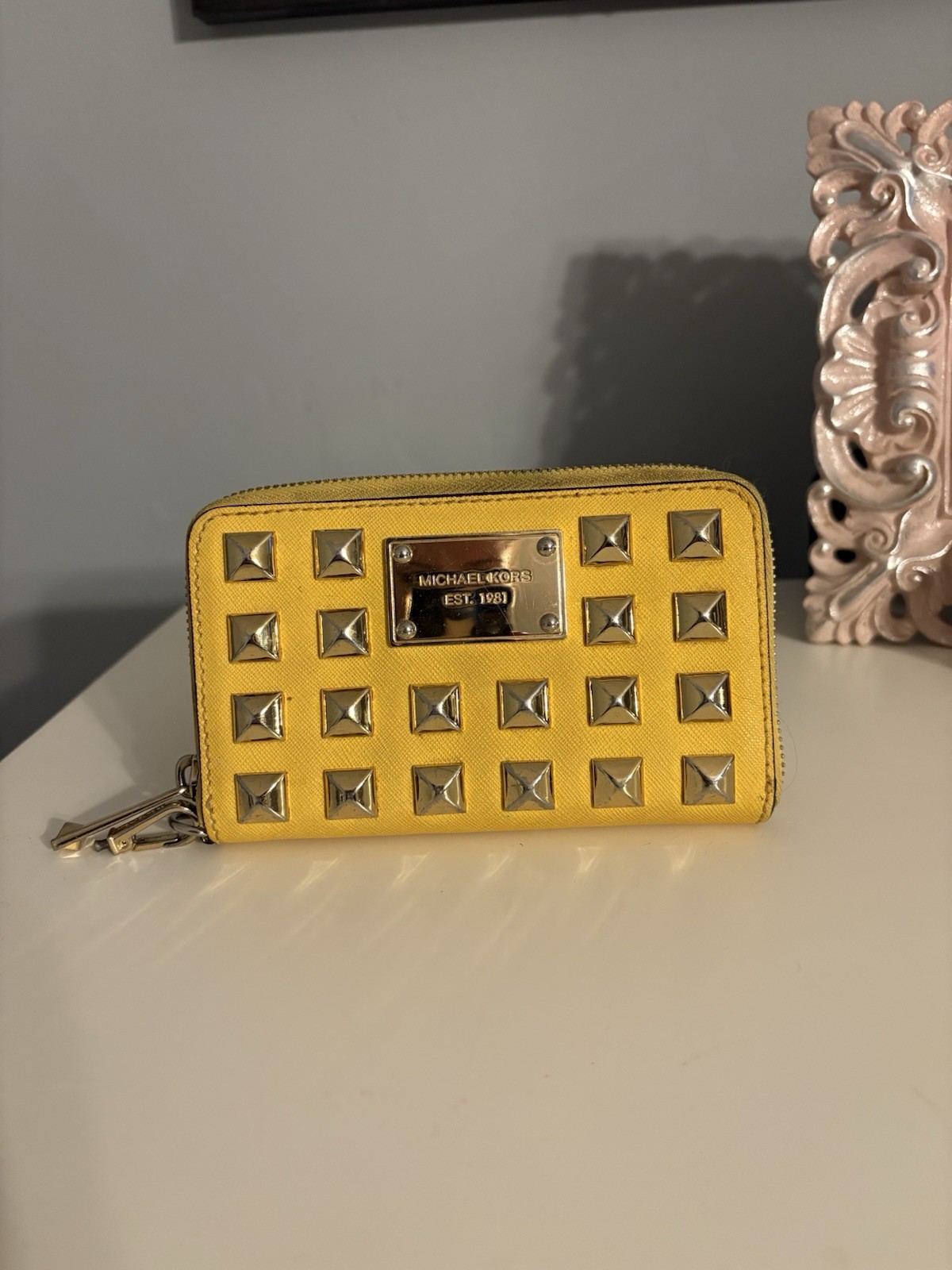 Michael Kors Yellow Leather Full Zip Large Wristlet Strap Wallet With Logo