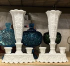 2 Westmoreland Milk Glass 1940's Candlesticks Paneled Grape with Epergnes