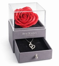 Valentine  s Day Necklace Gift, Heart Pendant with Preserved Red Rose Gift Box