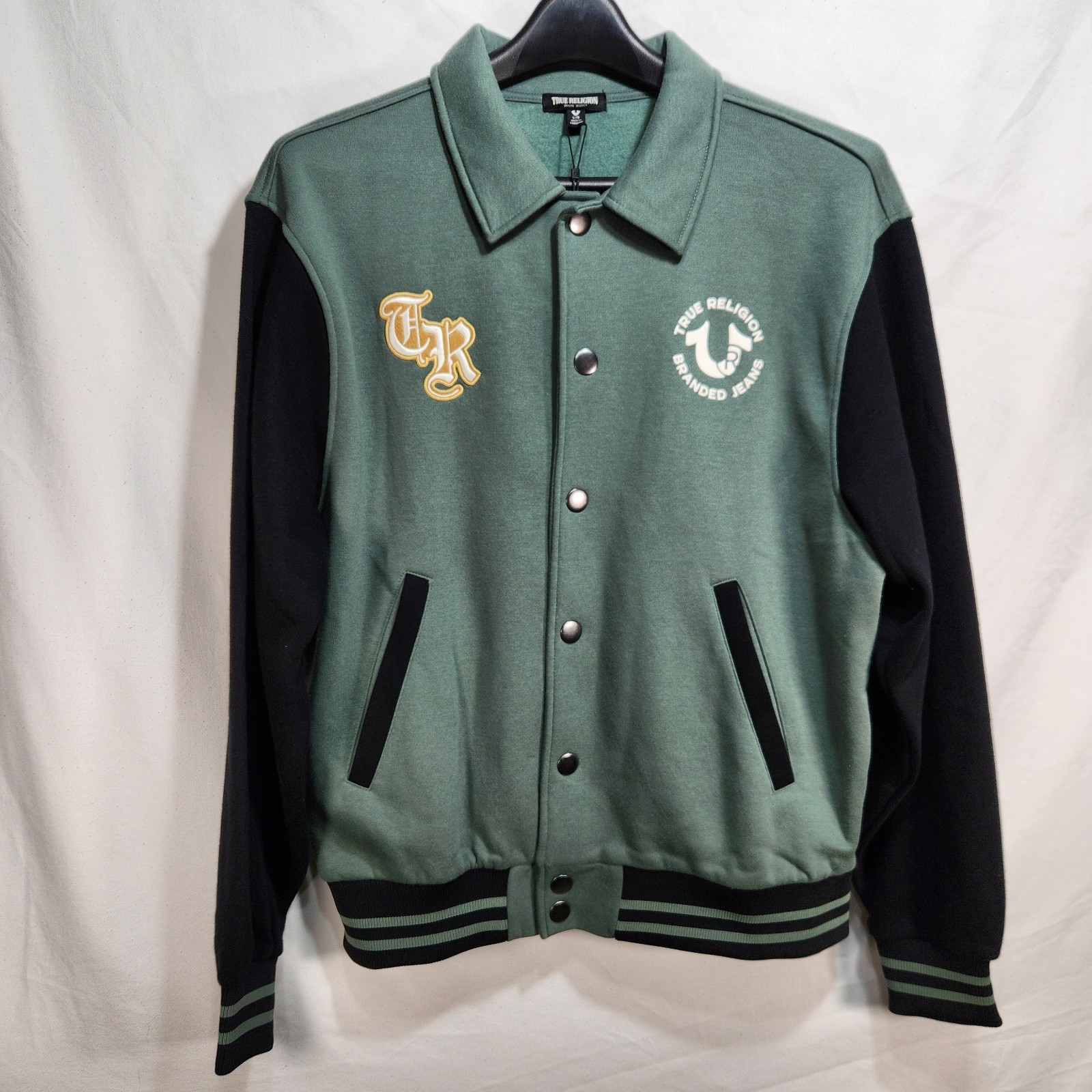 True Religion Mens Collared Patch Fleece Varsity Jacket Size Large Green NWT