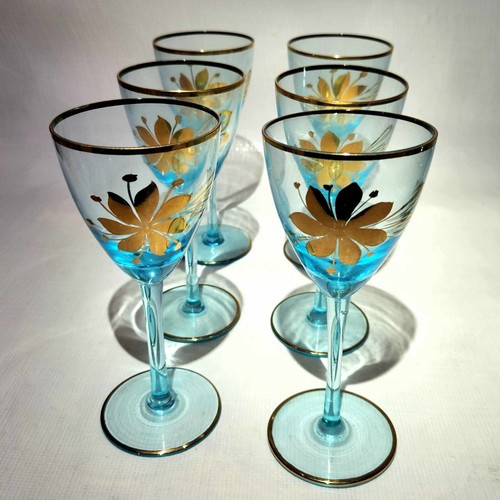 Romanian Vintage Blue Glass Decanter with 6 Cordial Glasses Gold Floral Design - Picture 10 of 12