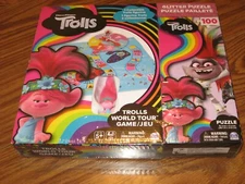 TROLLS WOLD TOUR GAME/JEU WITH TROLLS FIGURINE AND 100 PIECE GLITTER PUZZLE NEW