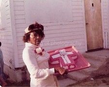 CHURCH LADY AND CAKE 1970's Vintage FOUND PHOTO Color ORIGINAL Snapshot 34 44 N