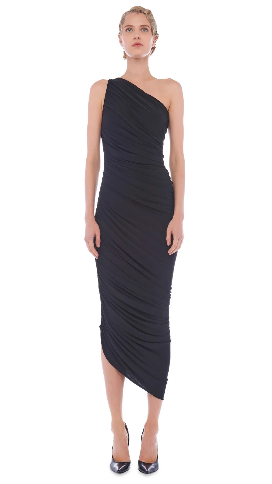 Norma Kamali Diani Gown Black Ruched Side One Shoulder Bodycon Dress Size S 36