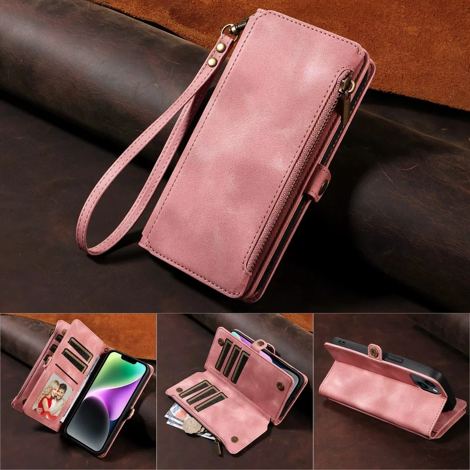 Leather Case Cover With Card Wallet For iPhone 16 Pro Max 15 14 13 Strap Zipper - Image 3 of 4