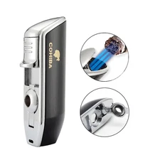 Black 3 Jet Flame Torch Cigar Lighter Punch Metal Windproof Gas Lighter Travel