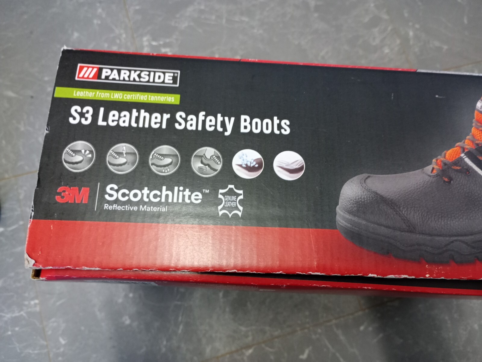 PARKSIDE S3 LEATHER SCOTCHLITE WATERPROOF SAFETY BOOTS SIZE UK 7.5 EUR