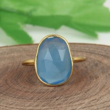 18k Yellow Gold Plated 925 Silver Blue Chalcedony Gemstone Wedding Ring Jewelry