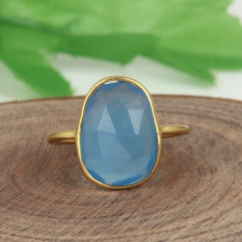 18k Yellow Gold Plated 925 Silver Blue Chalcedony Gemstone Wedding Ring Jewelry