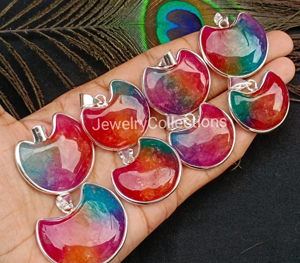 Colgante Luna Cuarzo Solar Arco Iris Natural Hecho a Mano Bisel Colgante Joyería B215 Foto 2 de 4