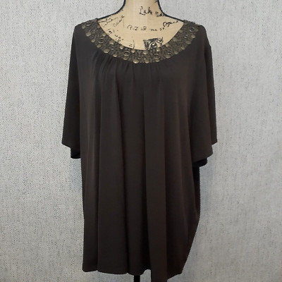Maggie Barnes Shirt Womens 3X Brown Stretch Chiffon Scoop Neck Brass Stud Sequin