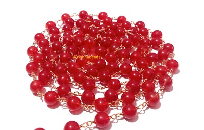 Ruby Chalcedony Hydro 8mm Beads, Rosary Beaded Chain Rose Gold Plated 5 Feet 