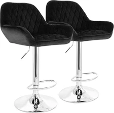 2 Piece Adjustable Velvet Bar Stools in Black with Chrome Base, (ELM-221E)