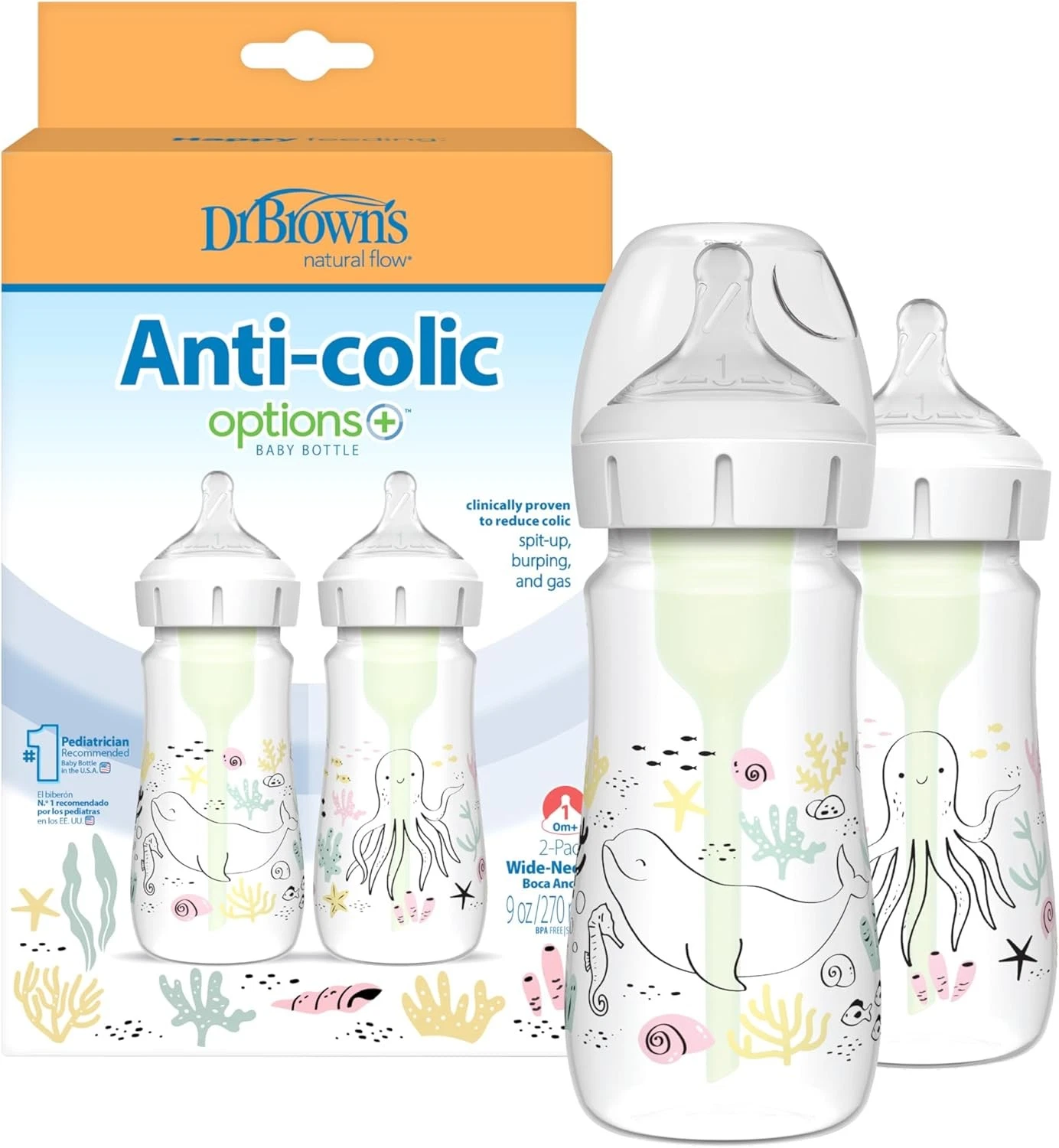 Dr. Brown's Anti-Colic Wide-Neck Baby Bottle 9oz BPA Free Newborn Feeding
