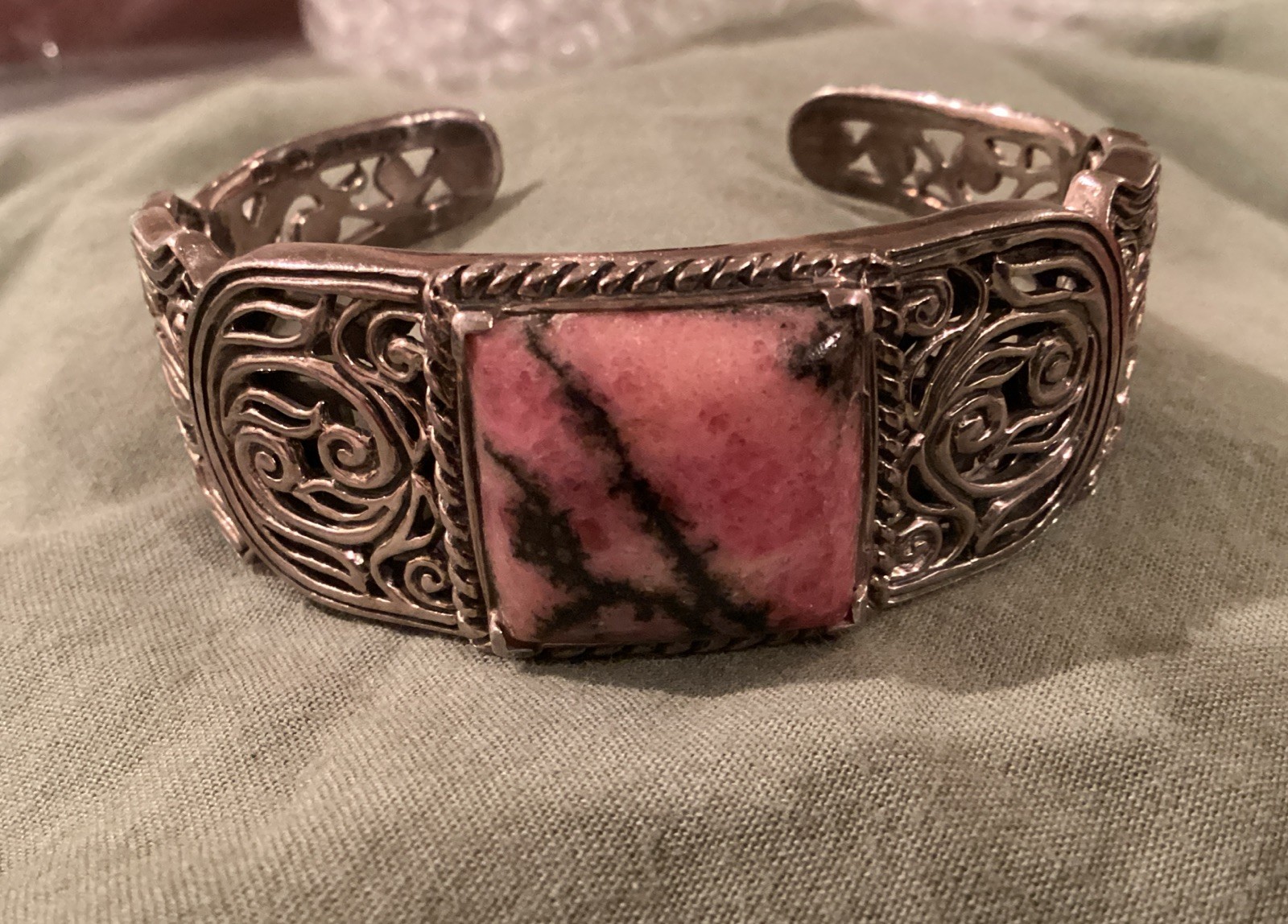 STERLING SILVER RHODONITE STATEMENT  Filigree Cuf… - image 1