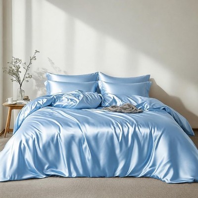 Bettwäsche Set 135x200cm 2 Teilig Blau Satin Seide Seidig Luxus Bettbezug mit...