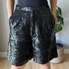 80s Vintage Lawrence Kazar pure silk sequined black glam shorts fun party Large