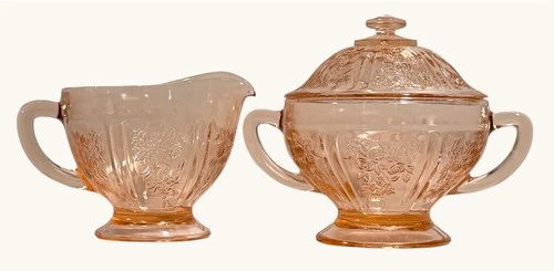 Vintage Federal Glass Cabbage Rose Pink Depression Glass Sugar Bowl & Creamer