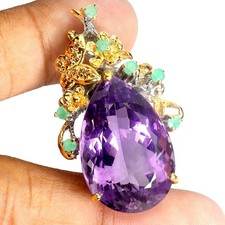925 Sterling Silver Pendant Amethyst 46ct Emerald Handmade Gemstone Jewelry Rare