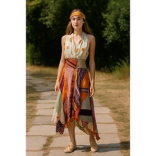JACK POT NEW YORK Patchwork Silk Halter Maxi Dress Bohemian Festival M/L