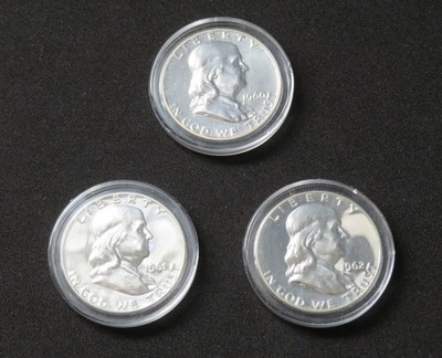 Three-Coin Lot. 1960, 1961 and 1962 Franklin Half Dollar. CAMEO SUPERB GEM PROOF
