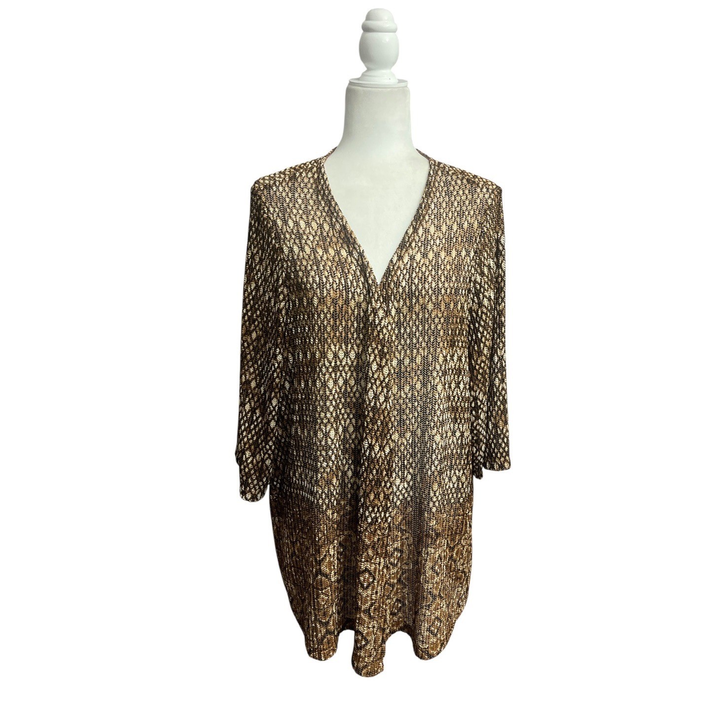 Catherines Cardigan Women 1X 18/20W Brown Excellent Geometric Knit Open Front