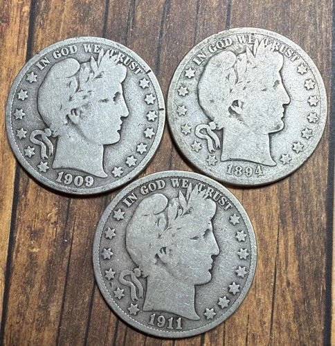 Lot of 3 1894, 1909, 1911 San Francisco Mint Barber Silver Half Dollar US Coins
