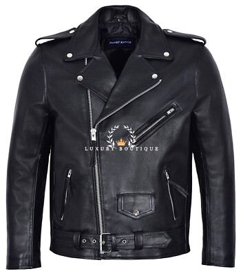 Herren Jacke schwarz echtes Rindsleder Brando Biker Lederjacke