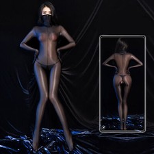 Women Sheer Shiny Glossy Bodysuit Jumpsuit Full Bodystocking Crotchless W Gloves