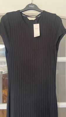 BNWT MARKS SPENCER BLACK RIBBED CAP SLEEVE LONG NIGHTDRESS M L XL