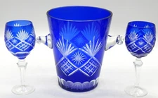 3 BOHEMIAN CZECH CUT TO CLEAR COBALT BLUE HOCK ICE BUCKET W/WINE GLASSES GOBLETS