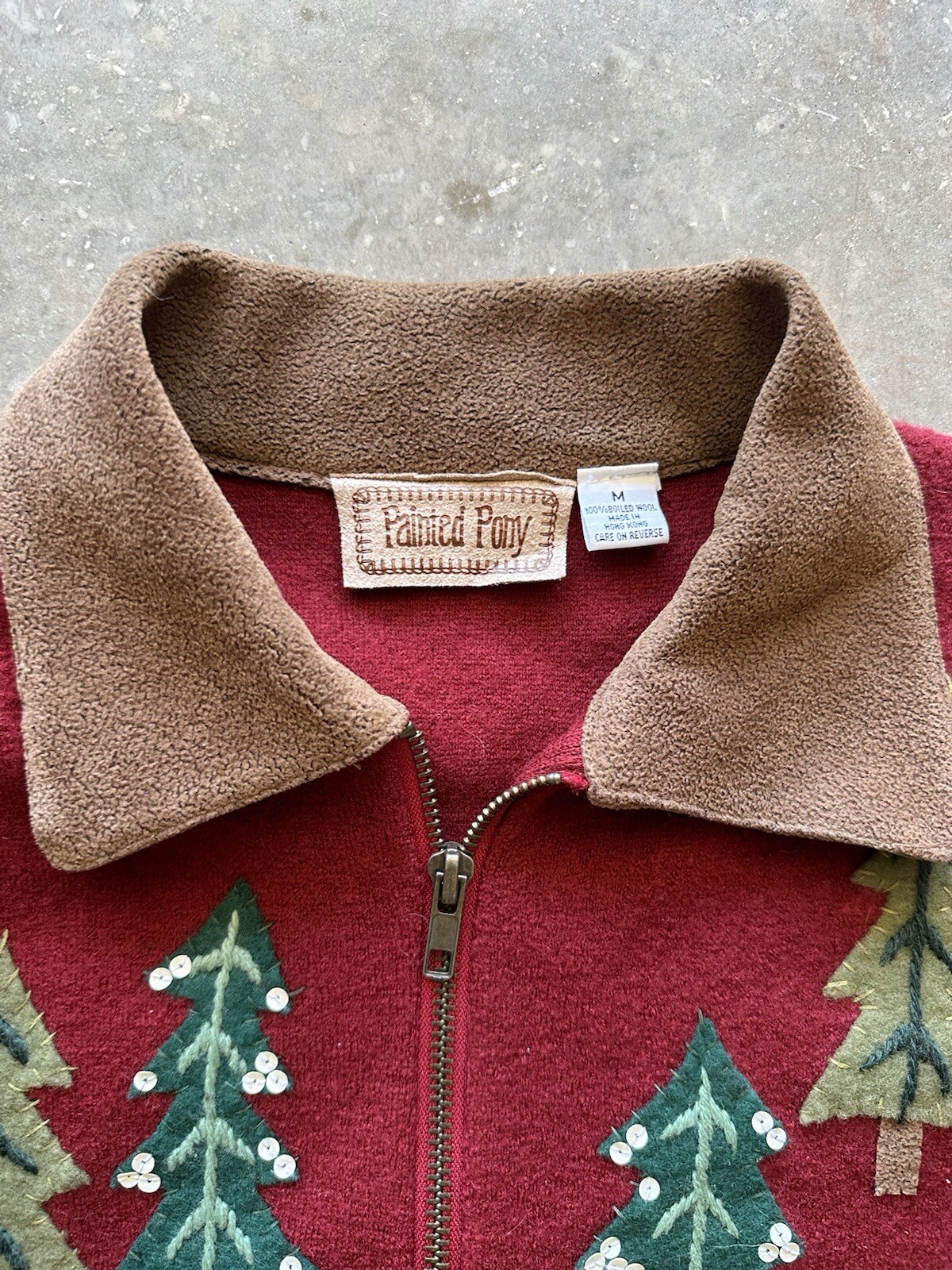 Giacca donna vintage dipinta rosso pony media full zip Natale ritagliata USA