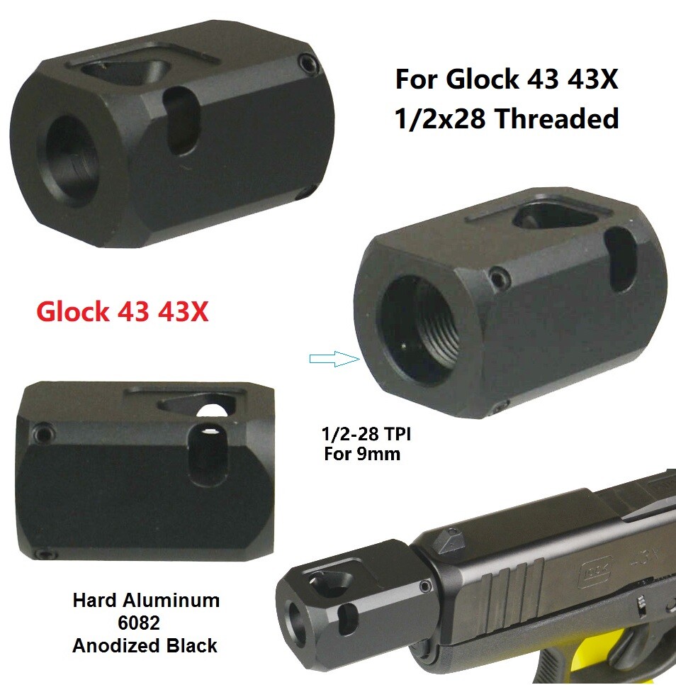 Glock 43 43X Muzzle Brake 1/2x28 TPI Compensator, Side,Top