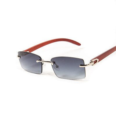 Men's Vintage Rimless Silver Frame Blue Gradient Tint Woodgrain Sunglasses 